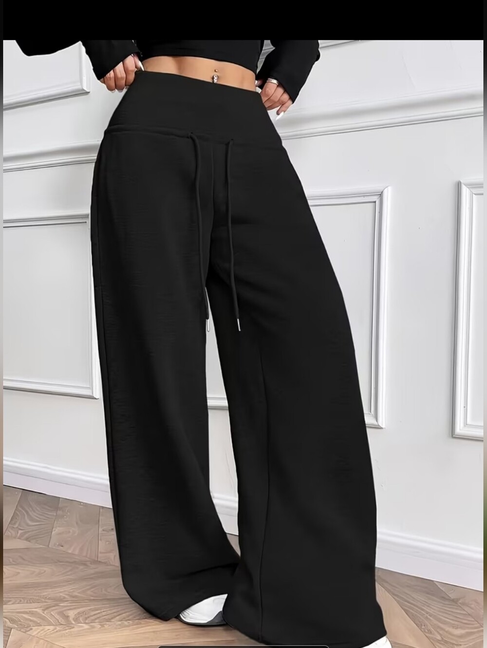 Black Wide-Leg Lounge Pants with Drawstring